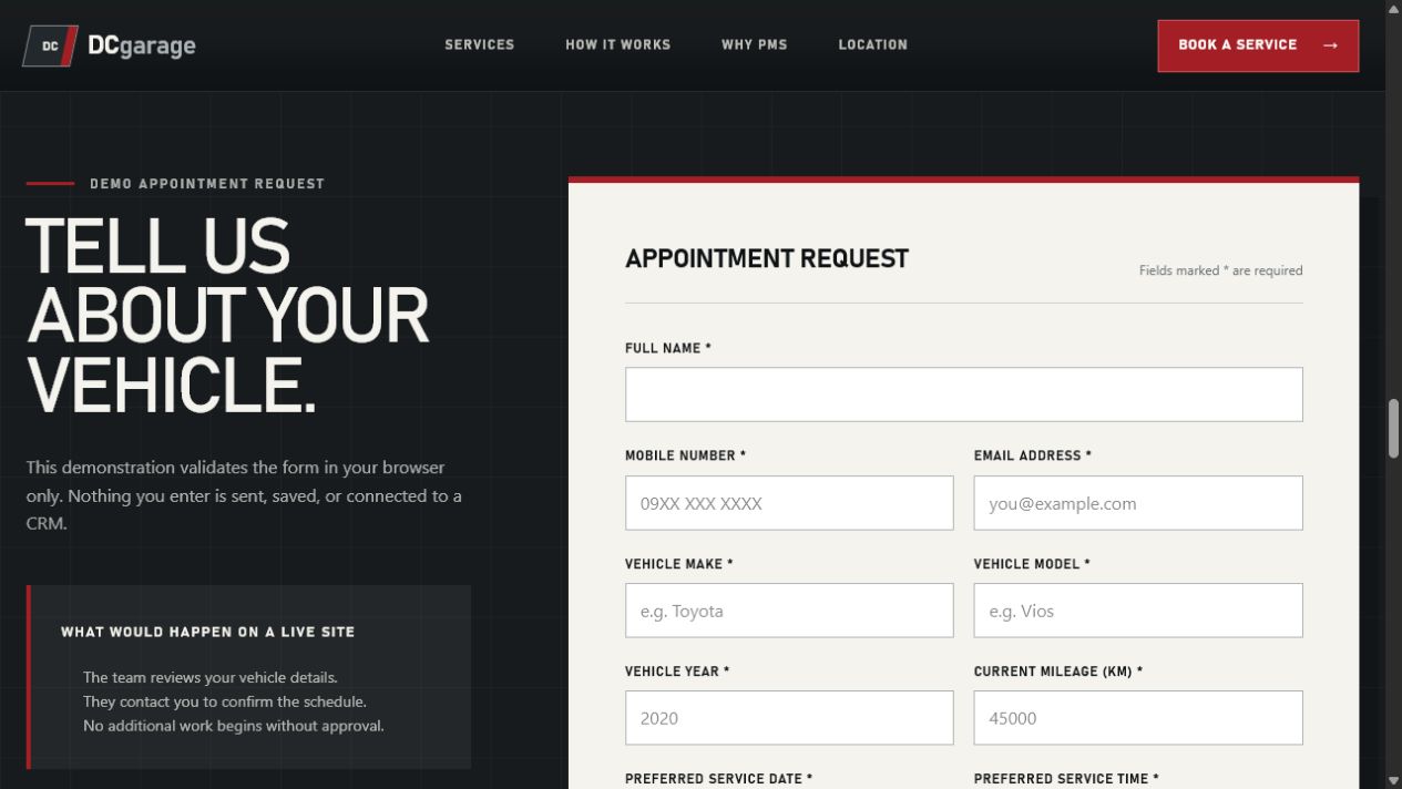 DCgarage appointment request form collecting customer and vehicle details