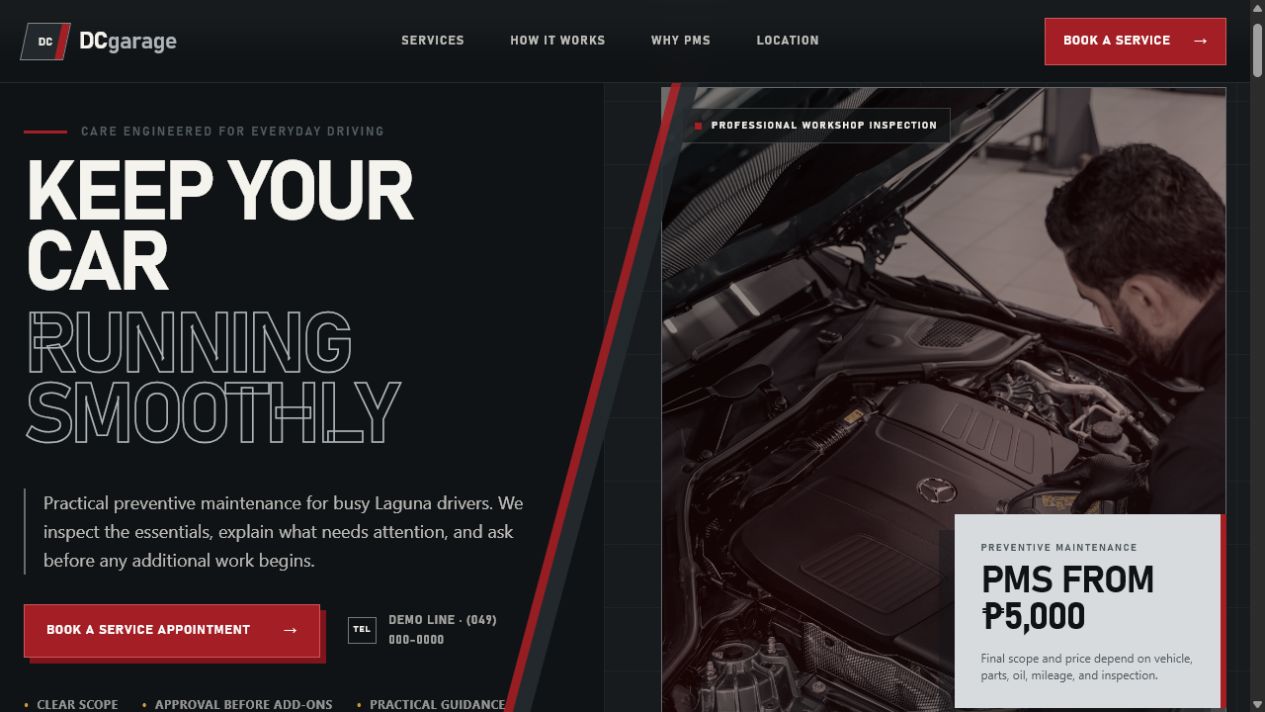 DCgarage preventive maintenance concept showing its service offer and booking call to action