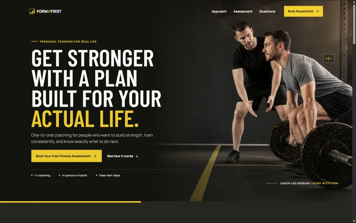 Desktop view of the FORM FIRST personal training funnel