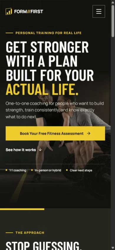 Mobile view of the FORM FIRST personal training funnel
