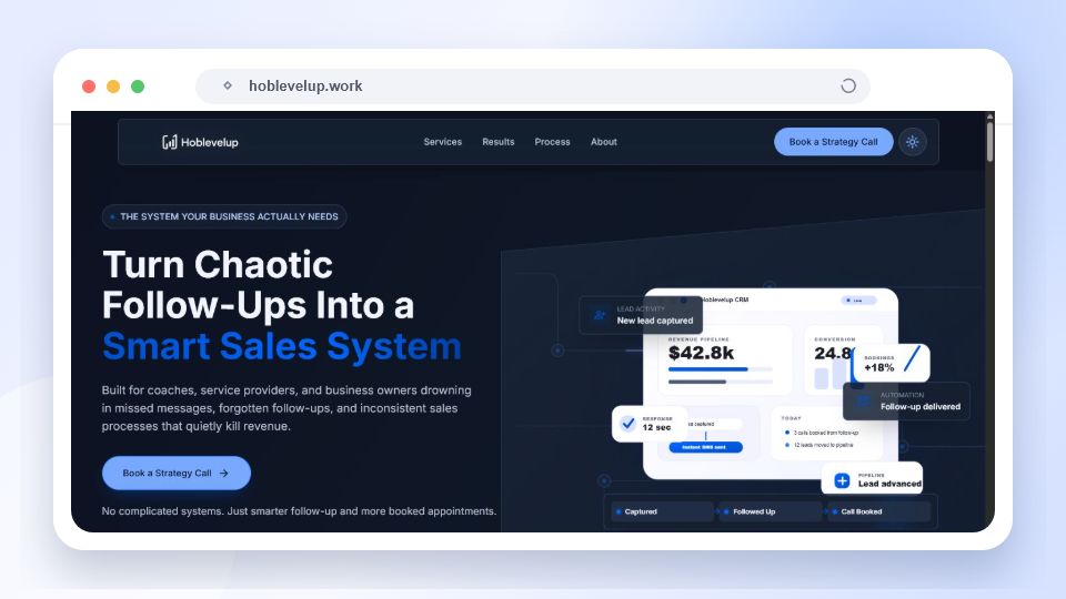 Hoblevelup homepage shown inside a browser frame
