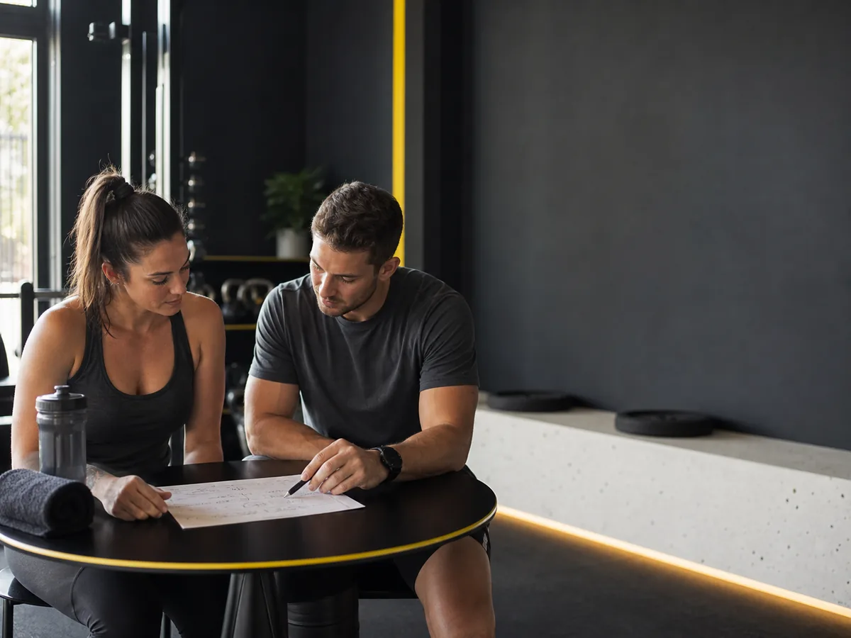 A trainer and client discussing a workout plan before a session